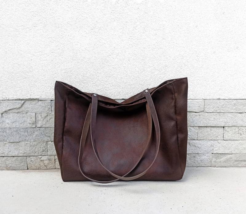 Große Vegan Leder Einkaufstasche, Slouchy Tote, Geldbörse, Oversized Braune Handtasche, Ledereinkaufstasche, Handtasche von byMART
