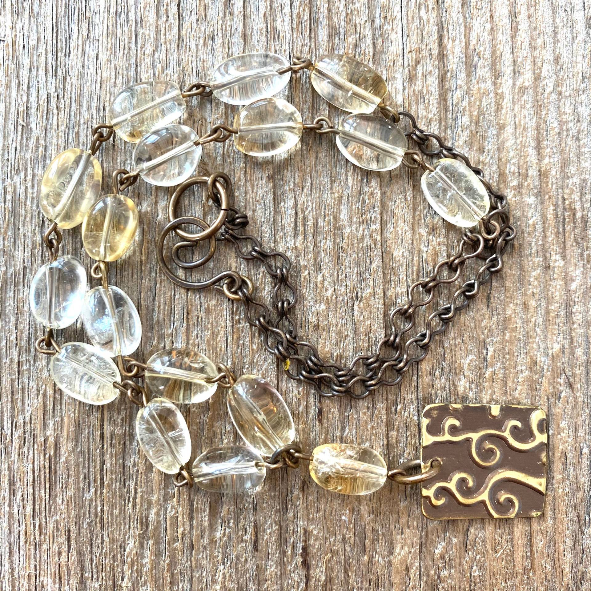 Natürliche Messing Citrin Nugget Halskette, Gelber Quarz, Halskette von byRanee