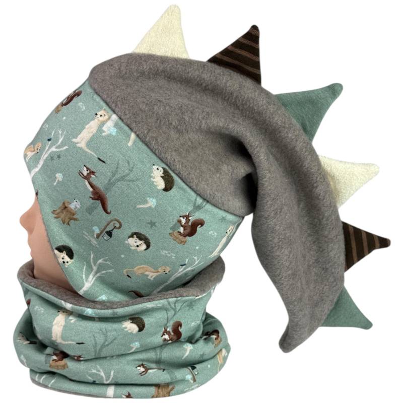 Zackenmütze Mit Loop Waldtiere Mint-Braun von bySaMShop
