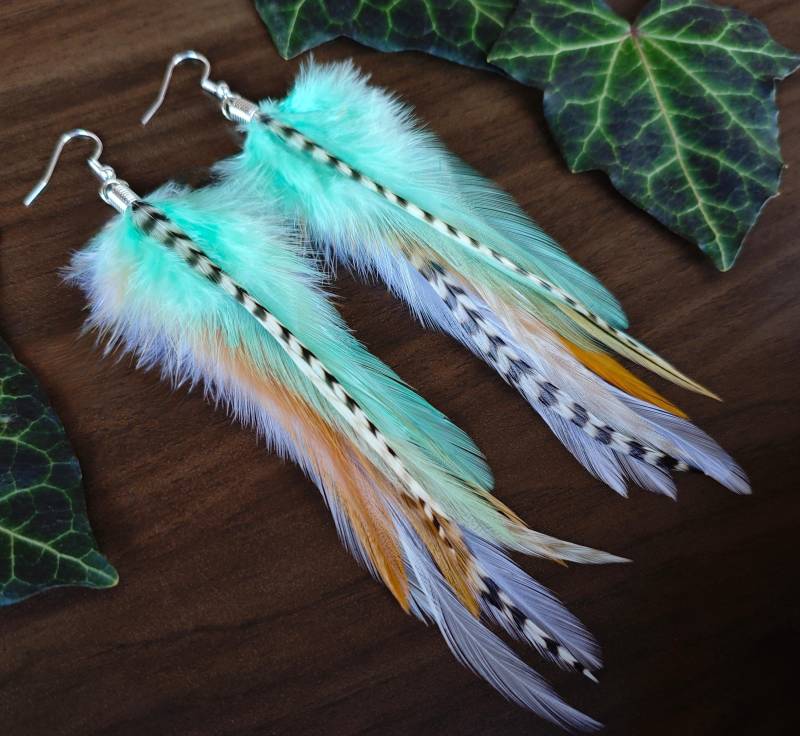 925 Silber Federohrringe Mit Creolen, Echte Federn in Türkis Und Weiß, Boho Hippie Ohrhänger, Bunte Ohrringe Federn, Geschenk Für Frauen von bySantana