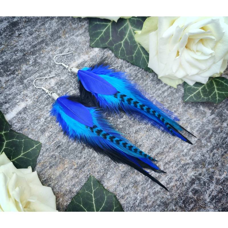 Blau Fed Ohrringe Federohrringe Schwarz Natur Silber Hängende Feder Federn Lang Gothic Federschmuck Dunkel Türkis von bySantana