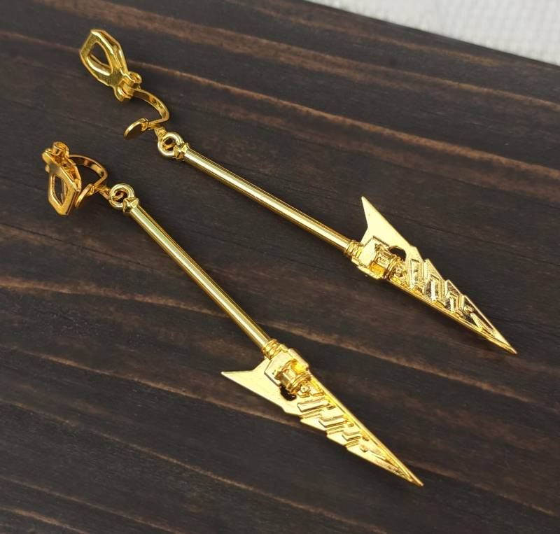 Clip Auf Goldenen Streitkolben Schwert Ohrringe, Sci-Fi Klinge Fantasy Waffe Schmuck, Langer Weltraum Dolch Axt Frauen Oder Männer Baumeln Messer von bySantana