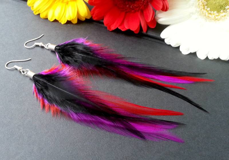 Echt Lila Feder Ohrringe Natur Federohrringe Lange Schwarz Fed Hängend Mit Federn Rot Gothic Schmuck Silber Frauen von bySantana