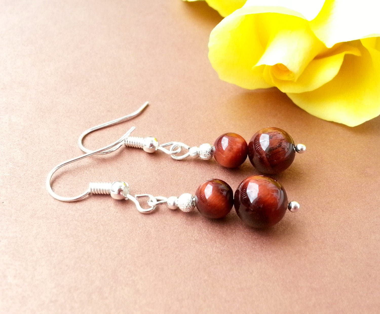 Echt Silber Tigerauge Ohrringe Hängende Perlen Mit Stein Dunkel Rot Geschenk Frauen 925 Boho Schmuck Edelstein von bySantana