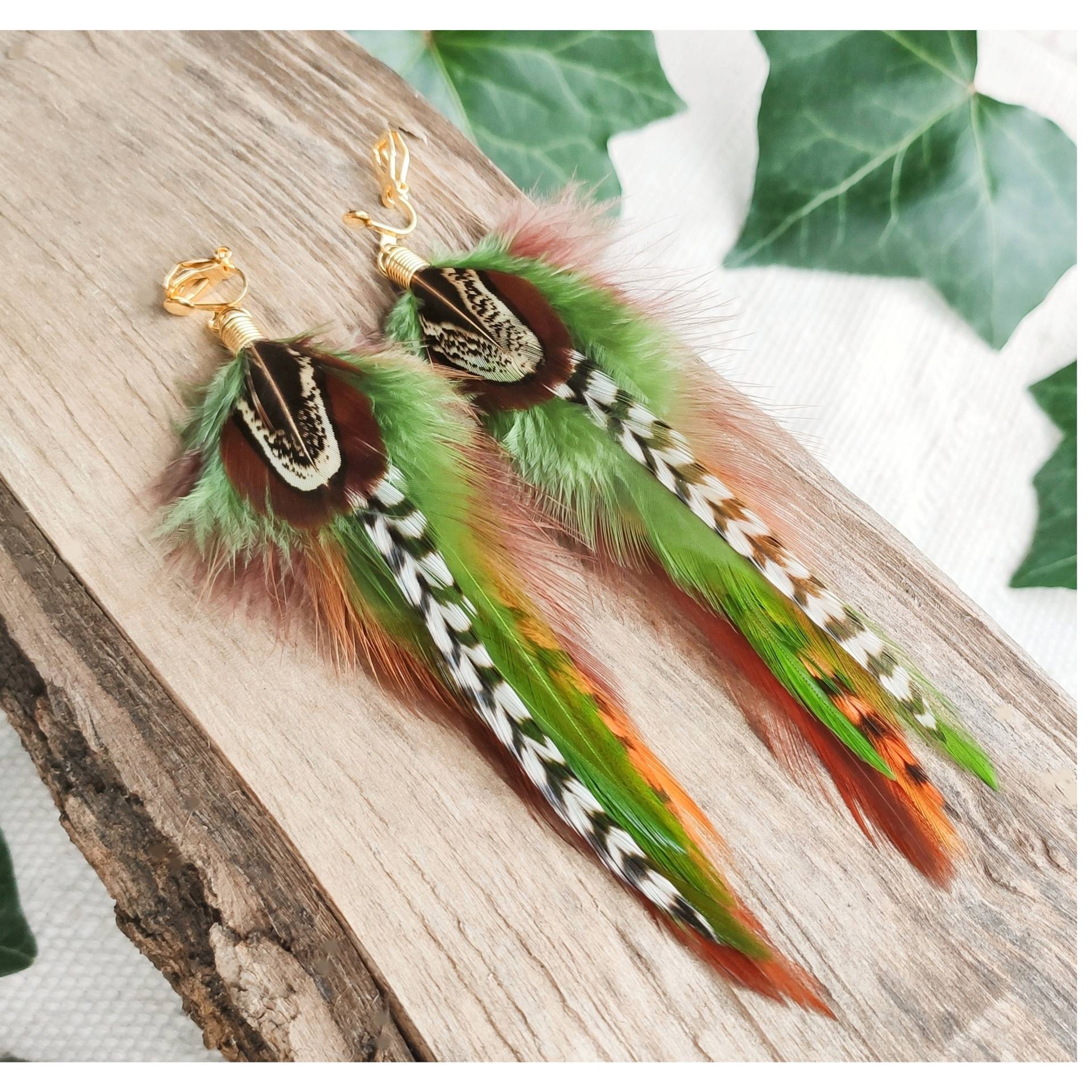 Echte Feder Ohrringe Lange Natürliche Baumeln Funky Boho Schmuck Silber Gold Moos Grüne Clip Auf Oder Creolen, Geschenk Für Sie von bySantana