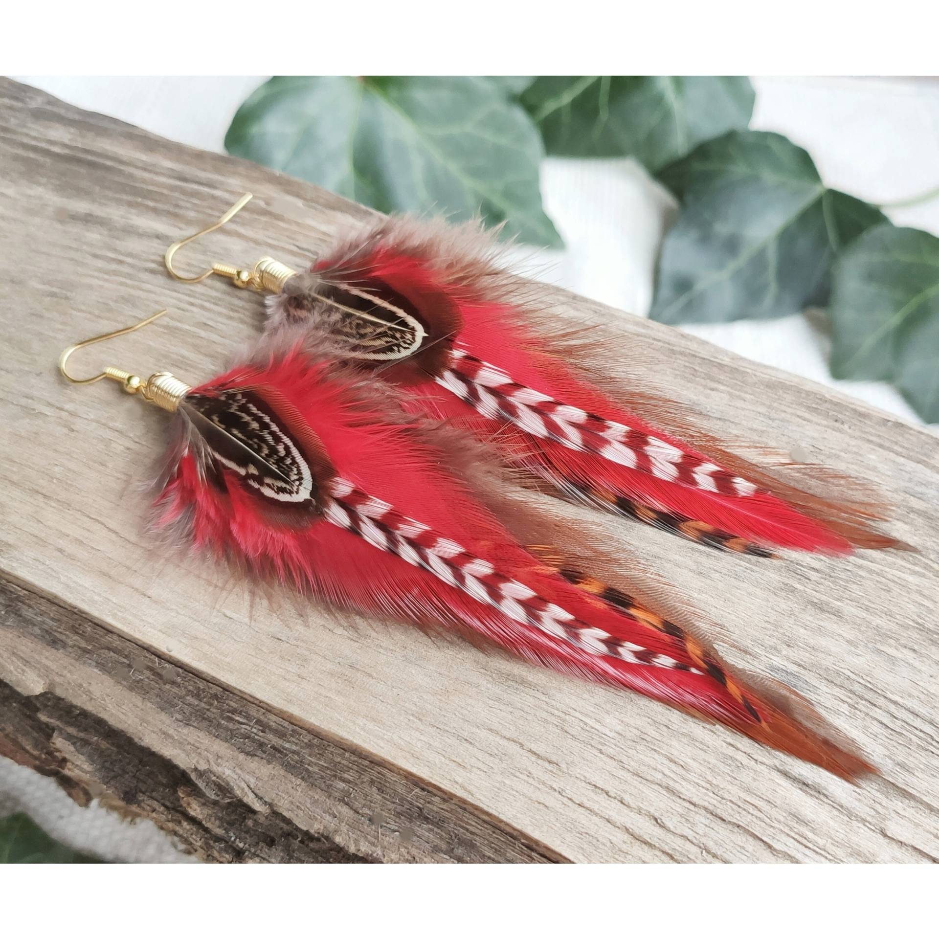 Echte Rote Feder Ohrringe Lange Schrullig Funky Boho Schmuck Frauen Baumeln Silber Gold, Creolen Haken Oder Clip Auf Ohrringe, Geschenk Für Sie von bySantana