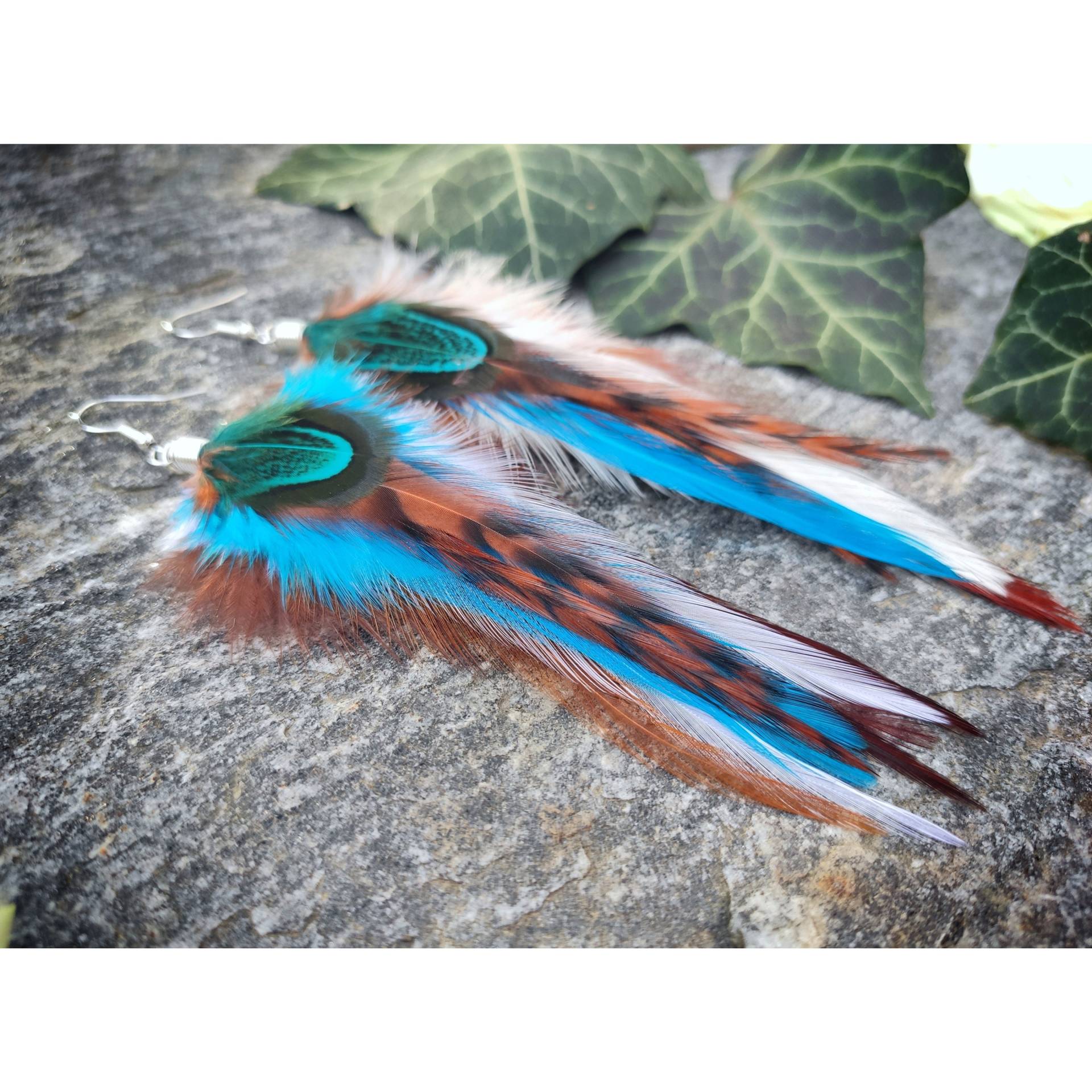 Natürliche Feder Ohrringe Echte Lange Baumeln Silber Clip An Oder Creolen, Blau Boho Schmuck Weiß Braun Funky Schrullige Geschenk Für Sie von bySantana