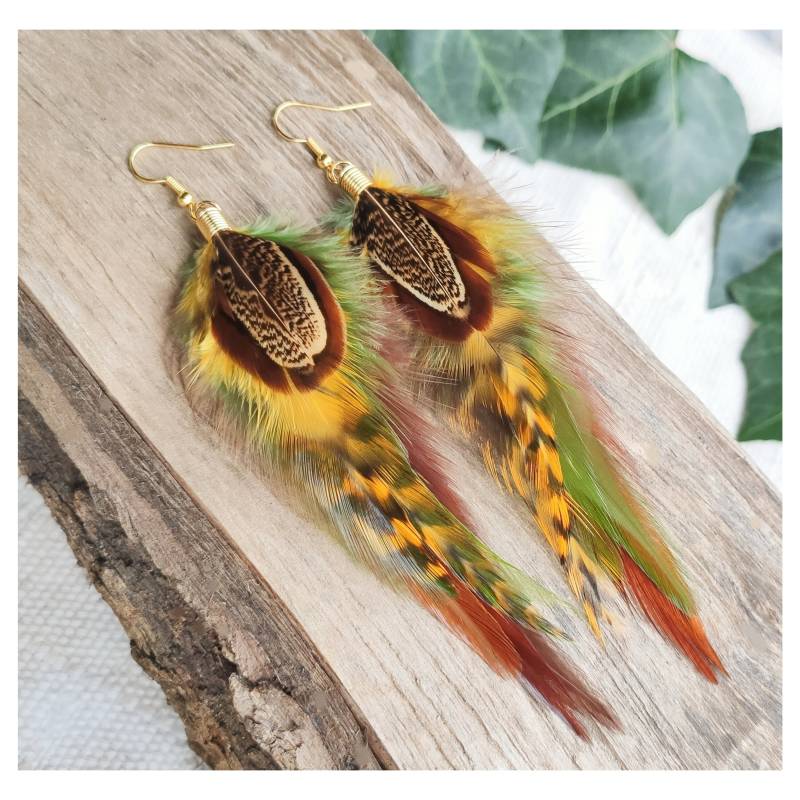Silber Oder Gold Echte Feder Ohrringe, Funky Boho Schmuck, Lange, Schrulliges Ohrhänger, Grün Gelbes Festival Outfit, Hoop Haken Clip Ons von bySantana