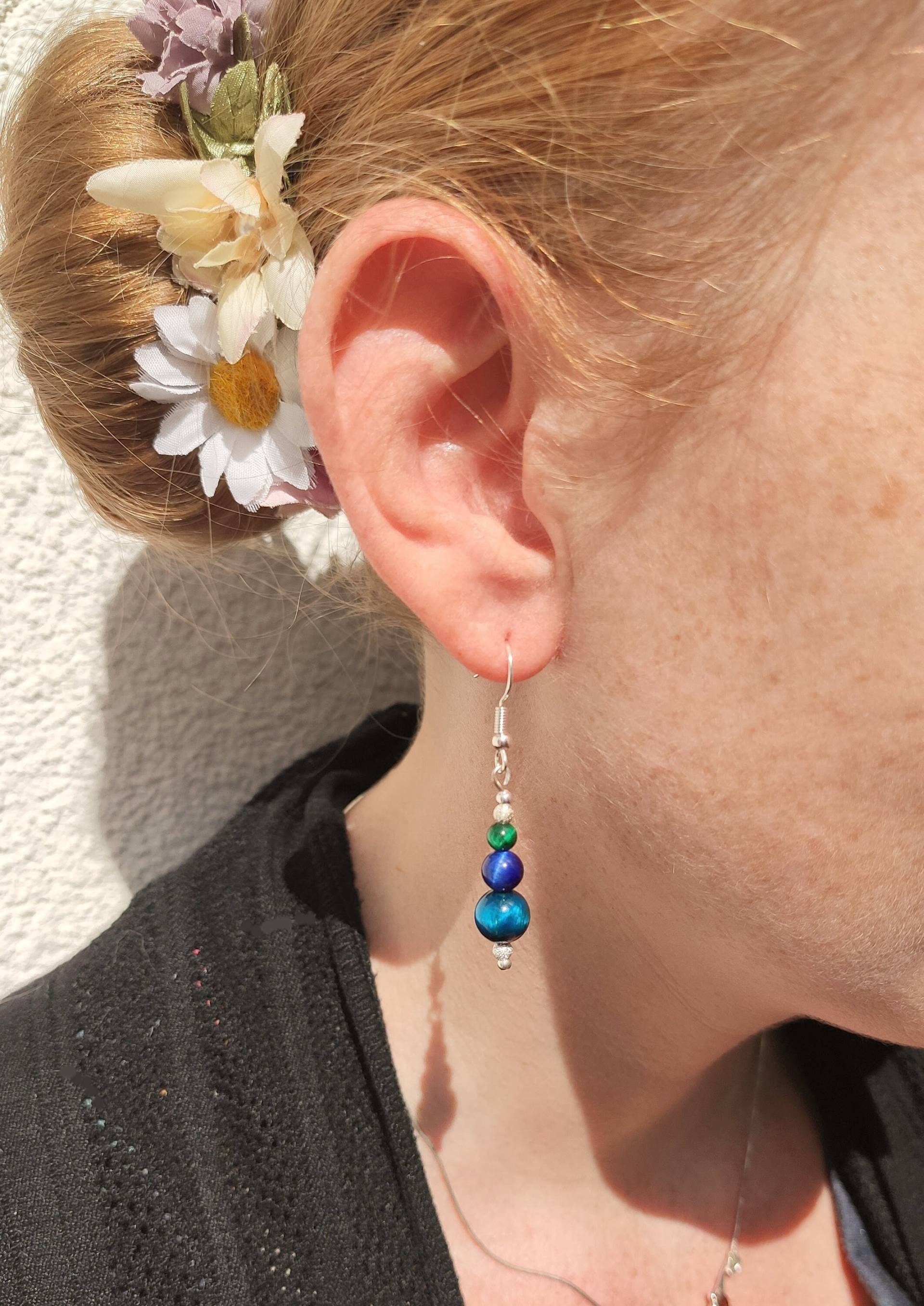 Tigerauge Ohrringe 925 Silber Blau Grün Türkis Hängende Mit Perlen Boho Schmuck Edelstein Bunt Geschenk Frauen von bySantana