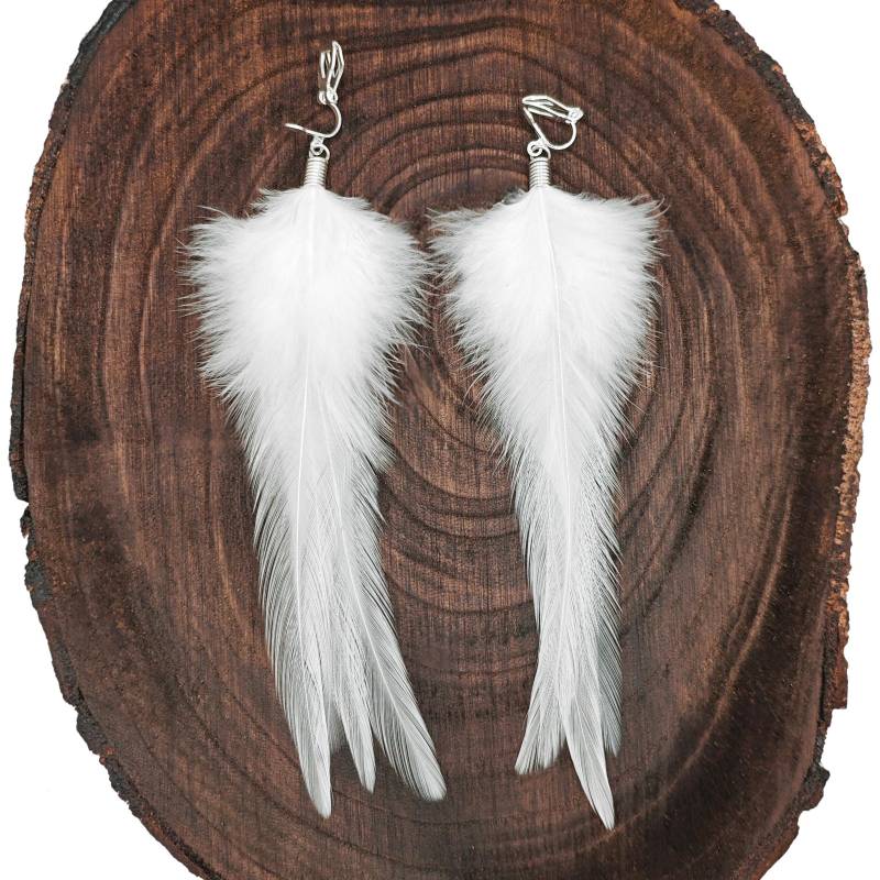 Weiße Feder Ohrringe Boho Brautschmuck, Silberfarbene Ohrclips von bySantana