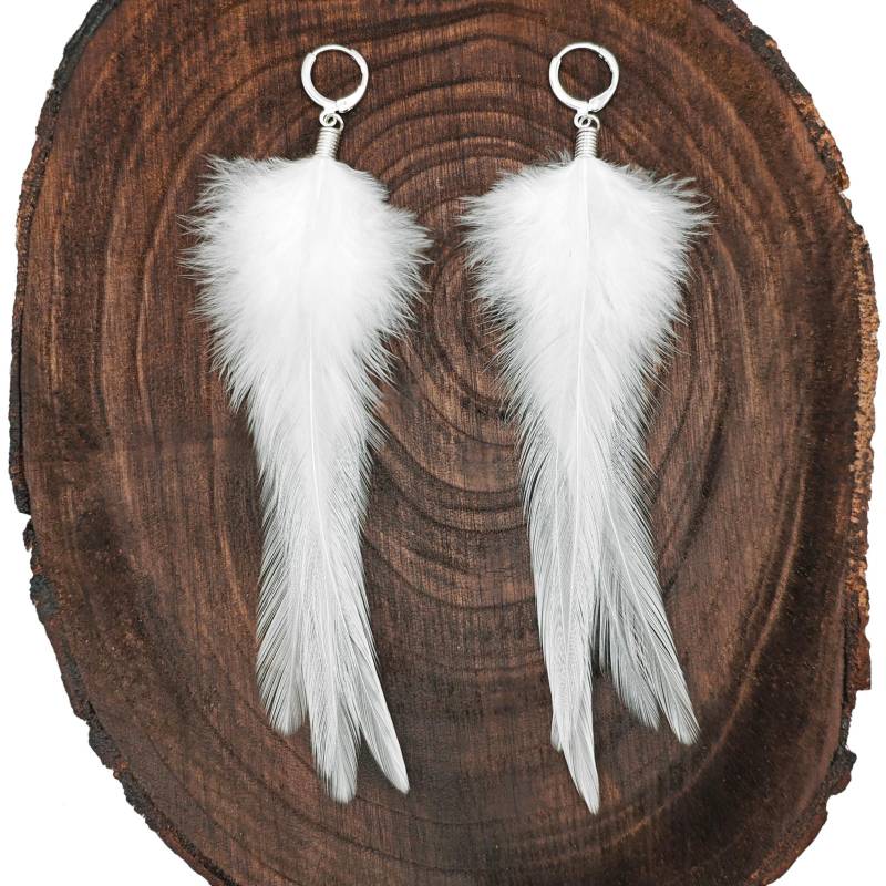 Weiße Federohrringe Langer Silberner Boho Brautschmuck von bySantana