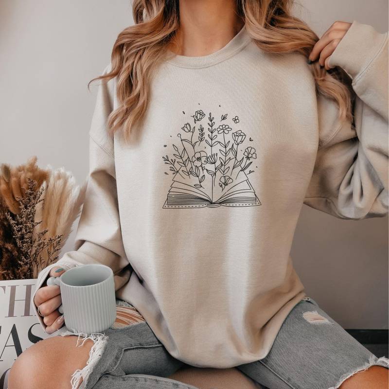 Buchblumen-Sweatshirt, Wildblumen Buch Pullover, Bücherwurm-Sweatshirt, Bibliothekar-Hoodie, Bücherliebhaber, Weihnachtsgeschenk von bySwantje