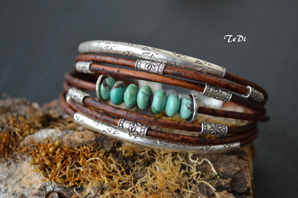 Türkis Sterling Silber Lederarmband Mehrere Strang Schokobraun Boho Armreif Modern Einzigartig Türkis Sterling Silber Lederarmband Mehrere Strang Schokobraun Boho Armreif Modern Einzigartig von byTeDi