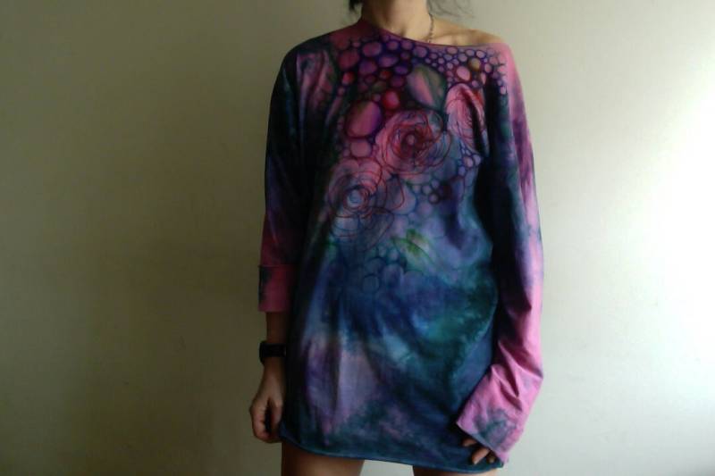 Handbemaltes Baumwoll-Tunika-Kleid Langarm-Blumenbluse von bybyTati