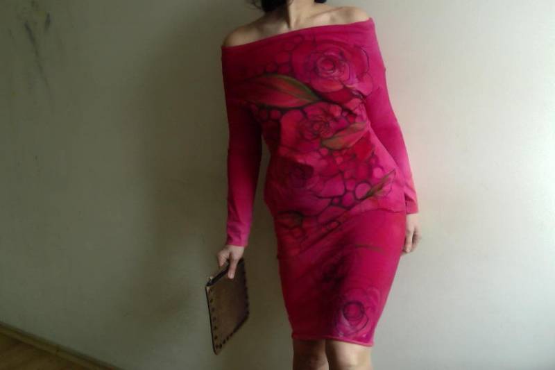 Handbemaltes Florales Baumwollkleid Magenta-Rote Tunika Mit Taschen von bybyTati