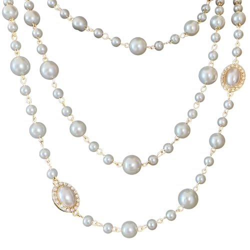 Silberfarbene Perlenkette für Damen, 157,7 cm, verstellbare lange Kette, mehrsträngiger Modeschmuck mit ovalem Strass-Anhänger für elegantes Styling von byepica