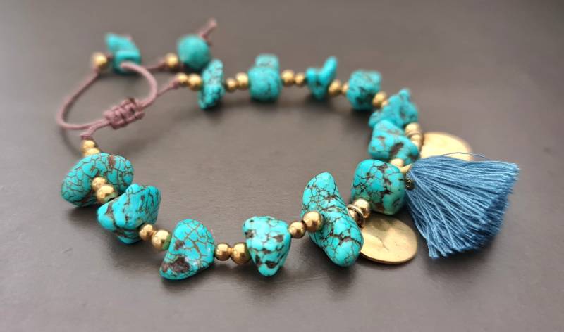 Boho Armband Nugget Türkis Messing Perlentassles Womem Schmuck Verstellbares von bymemade