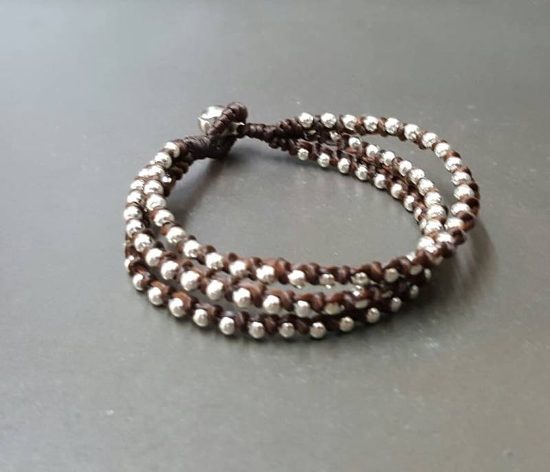 Dreifach Knoten Wachsschnur Silber Metall Perlen Armband, Unsix Perlenarmband, Männer Hobo von bymemade