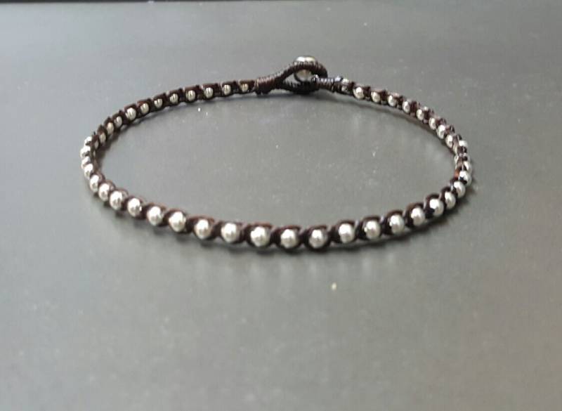 Handgemachte Perlen Fußkette, Silber Metall Perlen, Wachs Schnur von bymemade