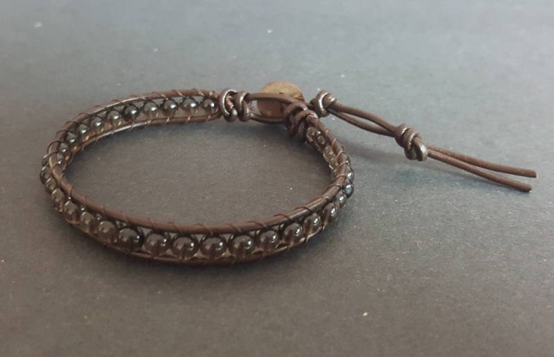 Rundes Rauchquarz Leder Wickelarmband Fußkettchen, Lederarmband, Perlenarmband Frauen Unisex Armband, Herrenarmband | lbr09 von bymemade