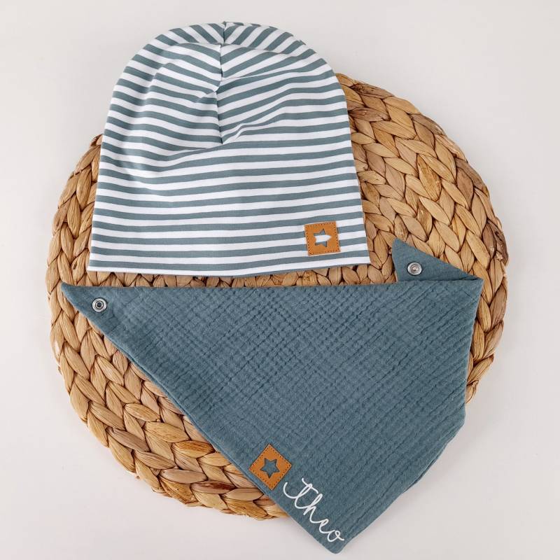 Beanie Mütze Halstuch Dreieckstuch Musselin Namen Personalisiert Mint Petrol Set Baby Geburt Geschenk von bymini20