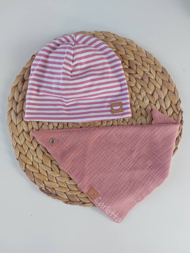 Beanie Mütze Halstuch Dreieckstuch Musselin Namen Personalisiert Mint Rose Rosa Set Baby Geburt Geschenk von bymini20