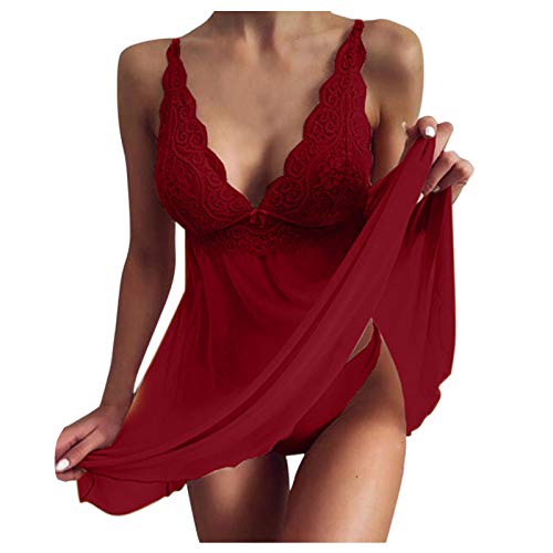 PcLeam Damen Dessous Kleid NachtwäSche Nachthemden Underwear Spitze V-Ausschnitt Einfarbig Lingerie ReizwäSche Reizvolles Weich Erotik Sleepwear (rot,2XL) von cLeam