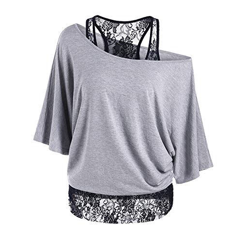 PcLeam Damen Pullover GroßE GrößEn Oberteil Kurzarm Schulterfrei Off Shoulder Spitze Patchwork Einfarbig Sommer Oversize Blusen Basic T-Shirt Mode Frauen LäSsige Shirts Tops Tuniken Hemd(Grau,5XL) von cLeam