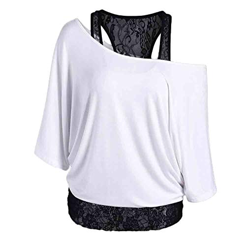 PcLeam Damen Pullover GroßE GrößEn Oberteil Kurzarm Schulterfrei Off Shoulder Spitze Patchwork Einfarbig Sommer Oversize Blusen Basic T-Shirt Mode Frauen LäSsige Shirts Tops Tuniken Hemd(Weiß,S) von cLeam