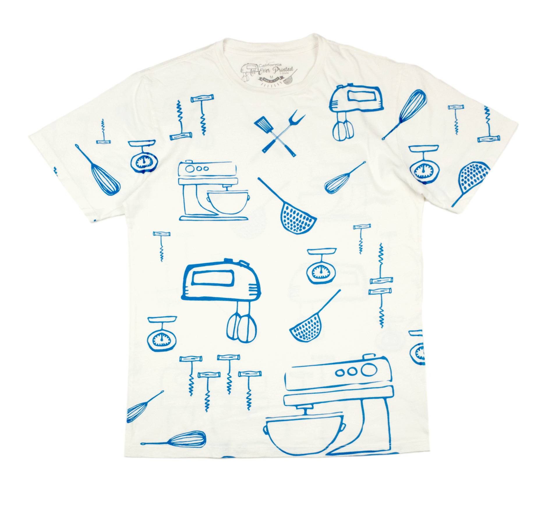 Herren Und Damen T-Shirt, Kochen Über Gedrucktt Weiß/Blau Druck 100 % Baumwolle, Küchenwerkzeuge Die Hemden Gedruckt von caalloverprint