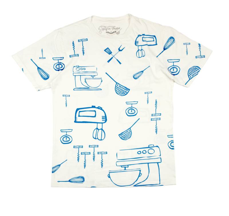 Herren Und Damen T-Shirt, Kochen Über Gedrucktt Weiß/Blau Druck 100 % Baumwolle, Küchenwerkzeuge Die Hemden Gedruckt von caalloverprint