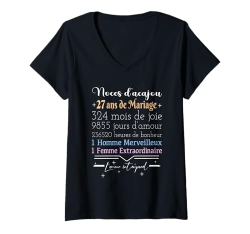 Damen 27 Jahre Hochzeit | Hochzeitstag – Mahagoni Hochzeit T-Shirt mit V-Ausschnitt Damen 27 Jahre Hochzeit | Hochzeitstag – Mahagoni Hochzeit T-Shirt mit V-Ausschnitt von cadeau de mariage noce d'acajou - homme femme