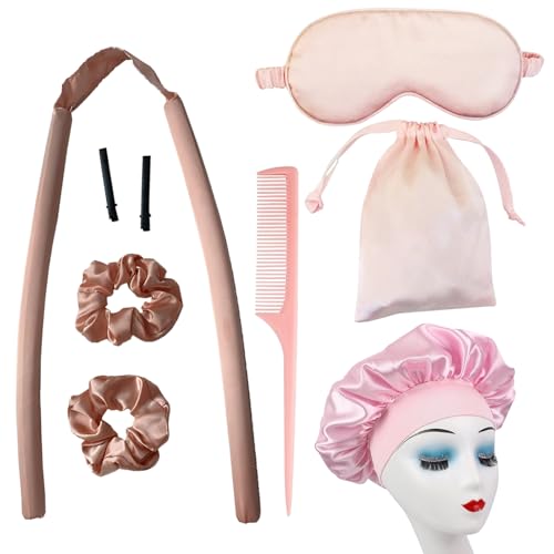 10 Stück Heatless Lockenstab Set, Satin Heatless Curling Ribbon, Heatless Curling Tool für Volumen, seidenähnliche Lidschatten, Aufbewahrungstasche, Schlafkappe, geeignet für langes, lockiges und von cadelon