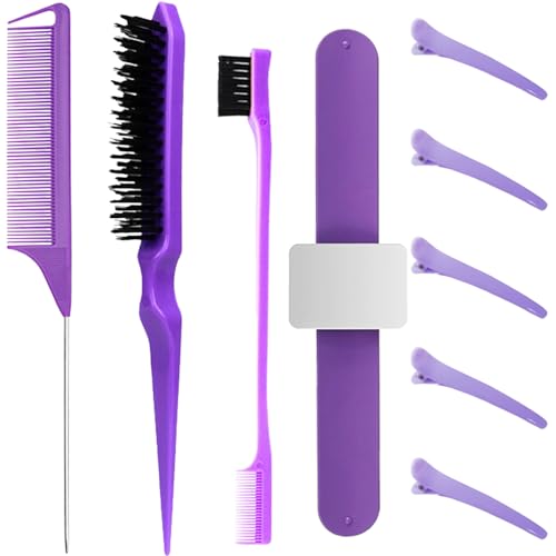 Styling-Haarbürsten-Set, glatte Rückenhaarbürste mit Kantenbürste, Pferdeschwanzbürste mit Haarspange, Rückenkammbürste, magnetisches Slap Armband, für Friseure, Frauen, Babys und Kinder (lila) von cadelon
