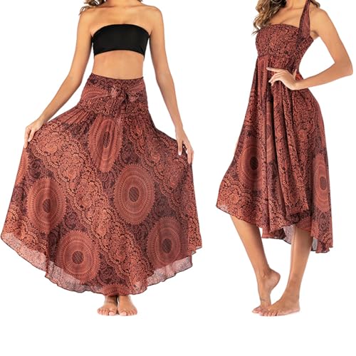 Lang Gedruckter Rock Damen Chiffon Bohemien, Boho Sommerrock, Urlaub Strandkleider (Einheitsgröße) (Orange Vibrant) von cailiya