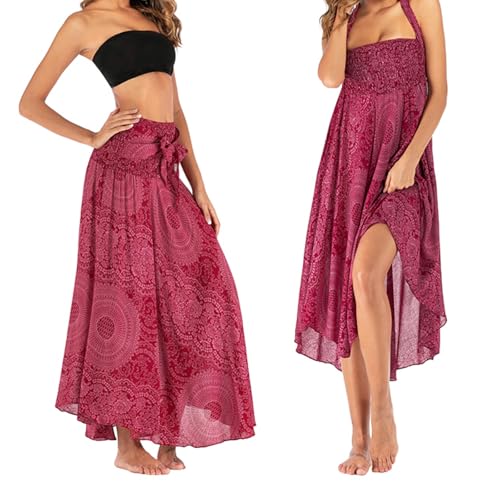 Lang Gedruckter Rock Damen Chiffon Bohemien, Boho Sommerrock, Urlaub Strandkleider (Einheitsgröße) (Rose) von cailiya