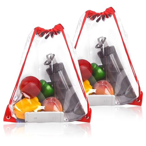 cailiya 2 Stück Durchsichtige Tasche,Transparente Tasche mit Kordelzug,Transparente Tasche Rucksack,für Schule Outdoor Gym Travel Strandschwimmen,43x33cm (Rot) von cailiya
