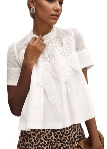 calbatic Damen-Bluse mit Spitzenbesatz, durchsichtig, Puffärmel, Rüschen, Plissee-Hemd, Stehkragen, Sommer-Babydoll-Top, Weiss/opulenter Garten, Groß calbatic Damen-Bluse mit Spitzenbesatz, durchsichtig, Puffärmel, Rüschen, Plissee-Hemd, Stehkragen, Sommer-Babydoll-Top, Weiss/opulenter Garten, Groß von calbatic