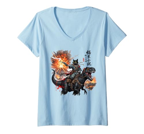 Damen Retro Kalligraphie Katze Dinosaurier Vulkanausbruch Kunstdruck T-Shirt mit V-Ausschnitt Damen Retro Kalligraphie Katze Dinosaurier Vulkanausbruch Kunstdruck T-Shirt mit V-Ausschnitt von calligraphy cat dinosaur volcanic eruption tees