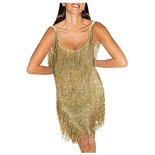 20er Jahre Kleid,Pailletten Kleid Damen Sexy Perlen Fransen Performance Kostümsets Neckholder Weste + Minirock Club Anzug Rave Party Dance Funkelnde Festivalkleidung Boho Hüftschal Quasten Bauch Late von callmo