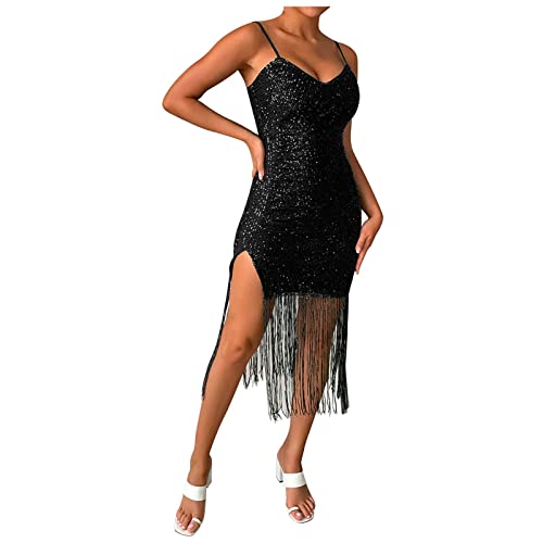 20er Jahre Kleider Damen,Damen Sexy Ärmellos Quaste Bodycon Mini Tanzkleid Pailletten Latin Tanz Ballsaal Kleider Club Outfits Paillettenkleid mit Quasten Sommer Fransenkleid Glitzer Kleid Rückenfrei von callmo