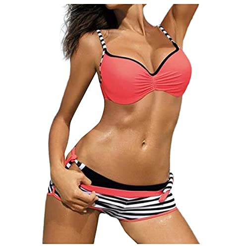 Badeanzug Damen Bauchweg, Damen Bikini Set 2-Teiliger Bademode Hohe Taille Strandmode Swimmwear Push Up Badeanzug Set mit Tiefer V-Ausschnitt von callmo