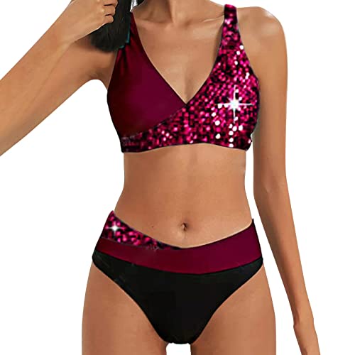 Bikini Damen Set Push Up Bauchweg, Zweiteiliger Badeanzüge Figurformend Bademode Sexy Farbblockdruck Swimsuit Frauen Strandmode Bauchkontrolle Swimmwear Einfarbig Crossover High Waist Bikini-Set von callmo