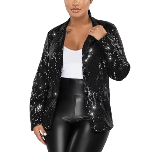 Blazer Damen Sportlich Damen Pailletten Blazer mit Glitzer Langarm Rave Jacken Blazer Sakko Pailletten Jacke Lässig Langarm Glitzer Party Glänzend Metallic Glitzer Sequin Baseball Jacke Bikerjacke von callmo