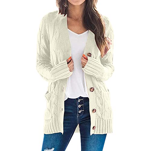 Cardigan Damen GrüN, Damen Strickjacke lang Zopfmuster Oversized Grobstrick Winter Cardigan mit Knöpfe V-Ausschnitt Strickmantel Casual Top Loose Tunika mit Tasche von callmo