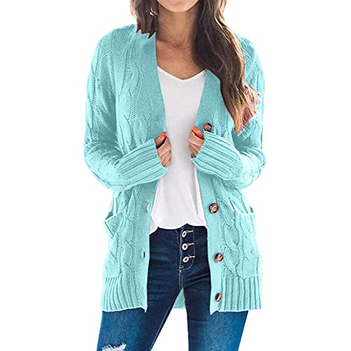 Cardigan Damen GrüN, Damen Strickjacke lang Zopfmuster Oversized Grobstrick Winter Cardigan mit Knöpfe V-Ausschnitt Strickmantel Casual Top Loose Tunika mit Tasche von callmo