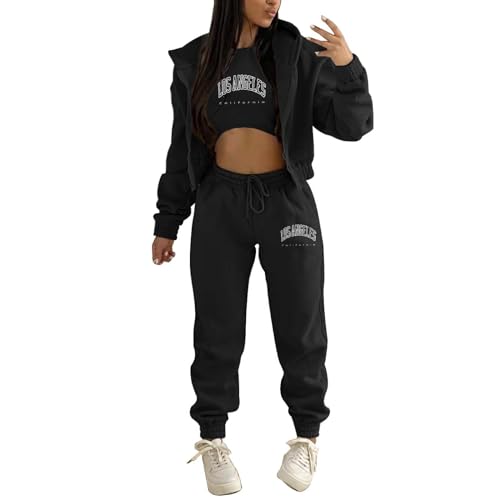 Damen 3 Teilig Set Hoodie Weste Sporthose Jogginganzug Kapuzen Sportswear Trainingsanzug Dreiteiliger Sport Freizeitanzug Sportanzug Zweiteiler Outfit Kapuzenpullover Blumenmuster 5-teiligem Innenset von callmo