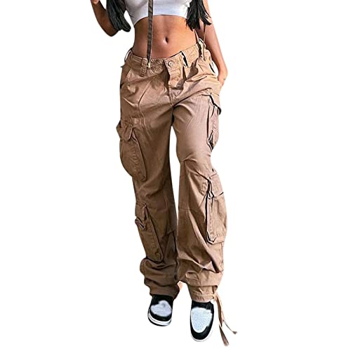 Damen Cargo Hose Baggy Cargohose Fallschirmhosen Y2K Track Pants Streetwear Elastische Taille Hose Weite Bein Freizeithose 90er E-Girl Aesthetic Parachute Pants mit Taschen von callmo