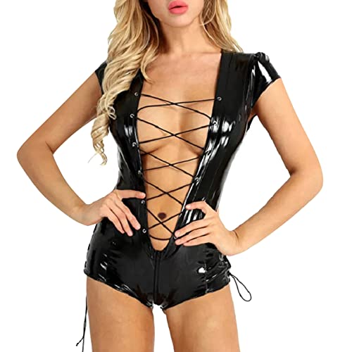 Damen Dessous Erotisch Sex Set Sexy 2-Teil BH + Leder-Outfits + Minirock für Damen, Kunstleder-Bustier-Steampunk-Korsett, Riemchen-Minirock, PVC-Crop-Tops, Clubwear, Partykleid, Nachtwäsche, Schwarz, von callmo