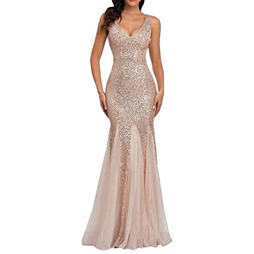 Damen Elegant Lange Ballkleider mit Taschen Satin A-Linie Backless Hochzeitskleid Abendkleider Sexy Neckholder Spaghetti Brautkleid Kleider Lang Prinzessin Brautjungfer Kleid von callmo